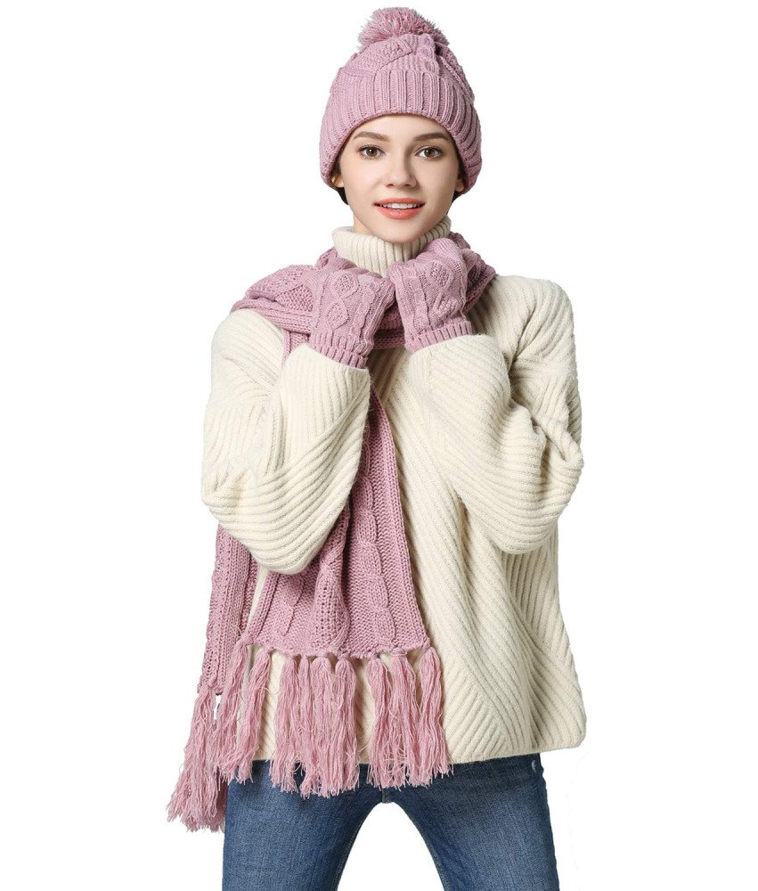 Zestaw 3w1 Szalik Czapka Rękawiczki do Ekranów Dotykowych Dzianinowy Różowe