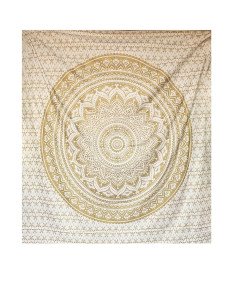 Gobelin na Ścianę Koc Narzuta 208 x 232 cm Boho Biało-złota Mandala