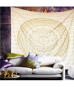 Gobelin na Ścianę Koc Narzuta 208 x 232 cm Boho Biało-złota Mandala