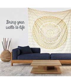 Gobelin na Ścianę Koc Narzuta 208 x 232 cm Boho Biało-złota Mandala