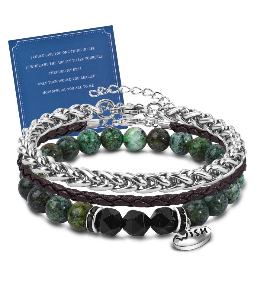 Męska Bransoletka Prezent Zestaw 3 sztuki Skórzane Stalowe Kamienie