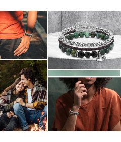 Męska Bransoletka Prezent Zestaw 3 sztuki Skórzane Stalowe Kamienie