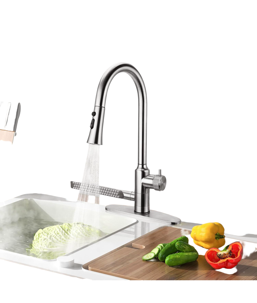 Bateria Kuchenna Kran 4w1 z Wyciąganą Wylewką 360° Stal Nierdzewna Srebrna