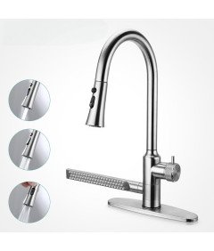 Bateria Kuchenna Kran 4w1 z Wyciąganą Wylewką 360° Stal Nierdzewna Srebrna