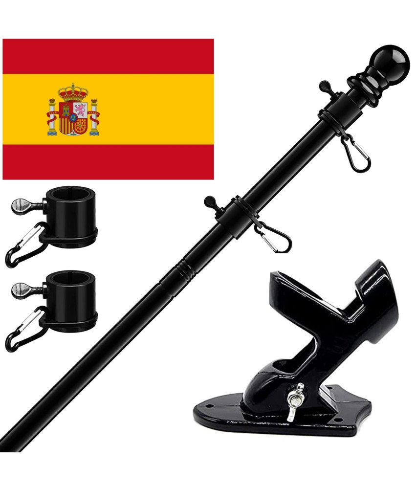 Maszt Flagowy Stalowy Regulowany 40-150cm Czarny z Flagą Hiszpanii 60x90 cm