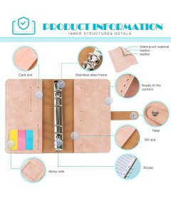 Segregator Budżetowy A6 Binder Pierścieniowy ze Skóry PU 12 Stron Różowy