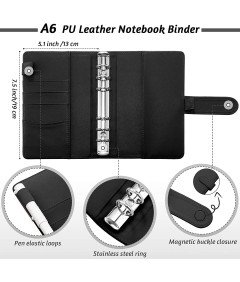 Segregator Budżetowy A6 Binder Pierścieniowy ze Skóry PU Czarny 12 Stron