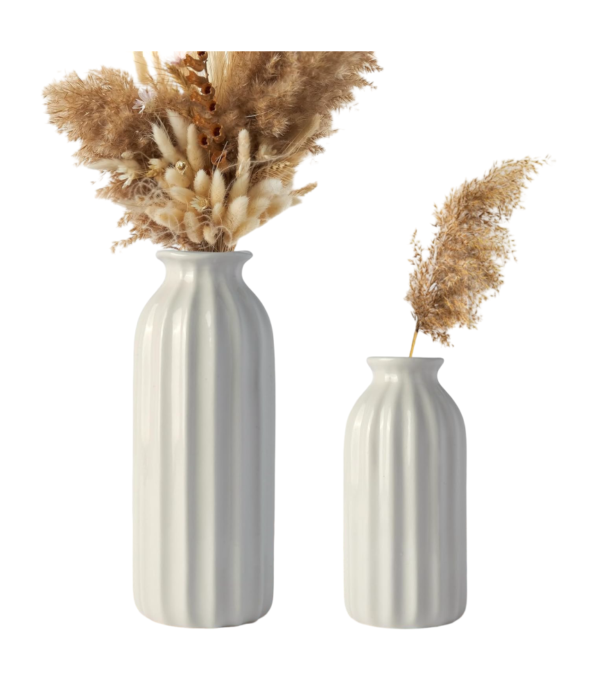 Ceramiczny Wazon Zestaw 2 Sztuki Żebrowane w Stylu Boho Białe