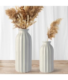Ceramiczny Wazon Zestaw 2 Sztuki Żebrowane w Stylu Boho Białe
