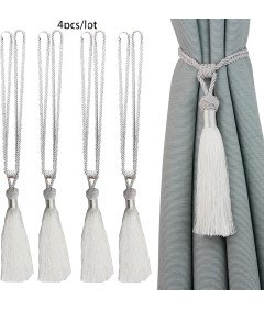 Upinacz do Zasłon Chwost Sznur z Frędzlami Zestaw 4 Sztuki Białe