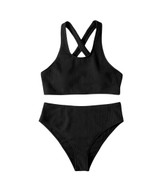 Damski Strój Kąpielowy Bikini Dwuczęściowy Wysoki Stan Czarne M