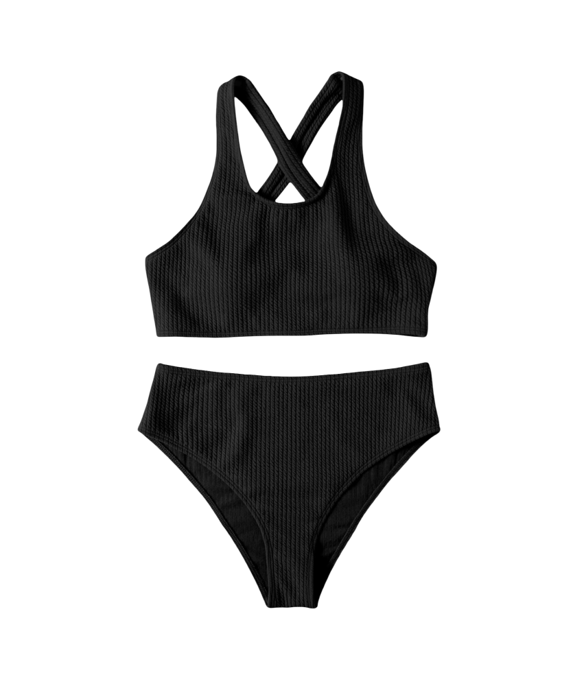 Damski Strój Kąpielowy Bikini Dwuczęściowy Wysoki Stan Czarne M