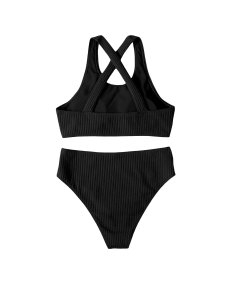 Damski Strój Kąpielowy Bikini Dwuczęściowy Wysoki Stan Czarne M