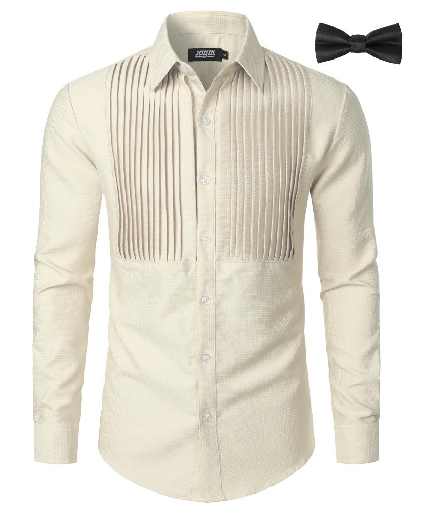 JOGAL Męska Koszula na Długi Rękaw Smokingowa Elegancka Plisowana Beżowa L