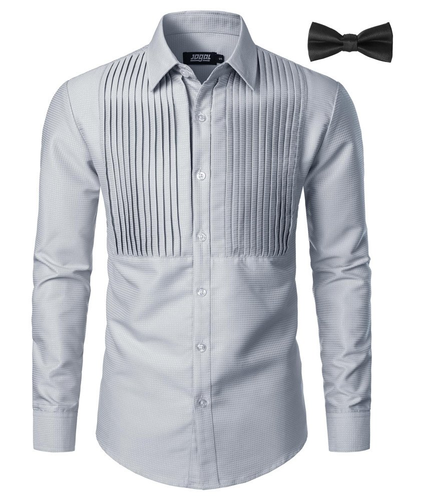 JOGAL Męska Koszula na Długi Rękaw Smokingowa Elegancka Plisowana Szara M