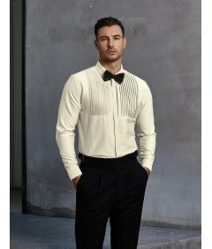 JOGAL Męska Koszula na Długi Rękaw Smokingowa Elegancka Plisowana Beżowa XL