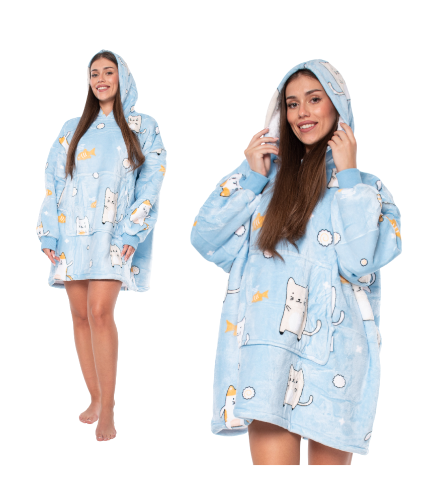 Bluza Koc Kocobluza 2w1 Oversize z Kapturem Gruba Sherpa Błękitna Koty