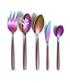 Zestaw Sztućców Ze Stali Nierdzewnej 5 Sztuk Brązowy Uchwyt Tęczowa Główka