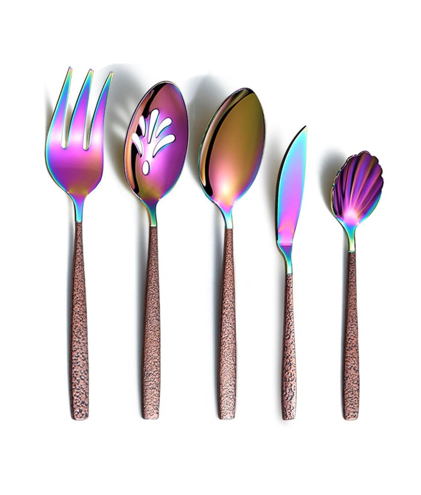 Zestaw Sztućców Ze Stali Nierdzewnej 5 Sztuk Brązowy Uchwyt Tęczowa Główka