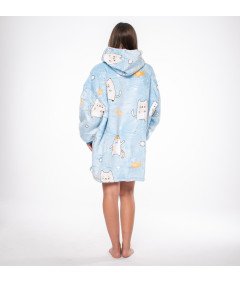 Bluza Koc Kocobluza 2w1 Oversize z Kapturem Gruba Sherpa Błękitna Koty