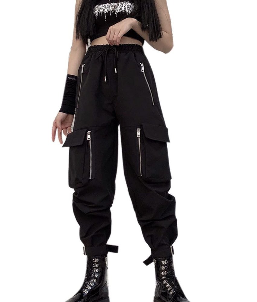 Damskie Spodnie Joggers Czarne Z Wysokim Stanem Kieszeniami Czarne XXL