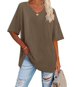 Damska Koszulka Oversize Z Krótkim Rękawem I Dekoltem Khaki  L