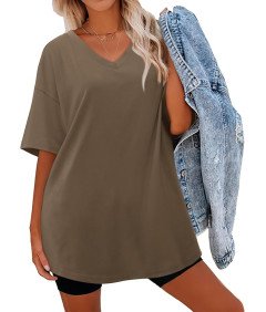 Damska Koszulka Oversize Z Krótkim Rękawem I Dekoltem Khaki  L