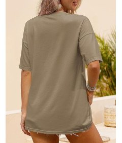 Damska Koszulka Oversize Z Krótkim Rękawem I Dekoltem Khaki  L