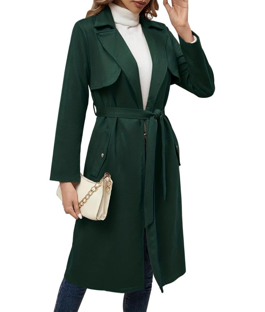 Długi Płaszcz Damski Zamszowy Jesienny Wiosenny Z Paskiem I Kieszeniami XXL