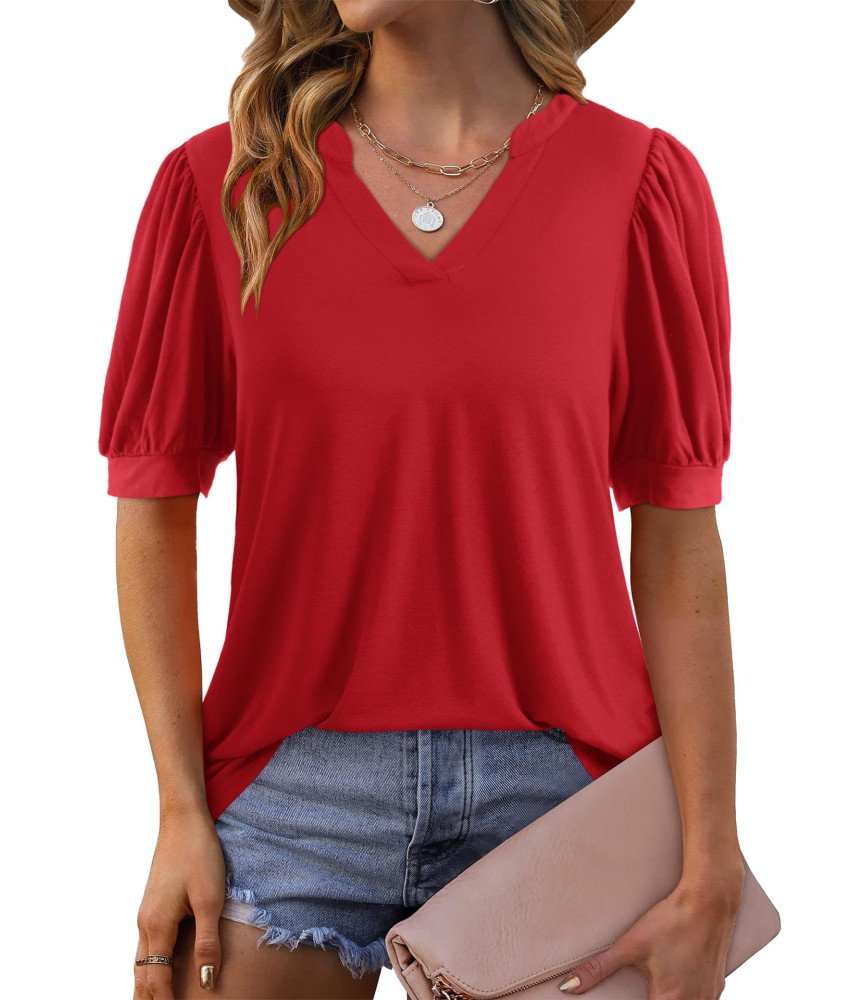 Bluzka Damska Elegancka Koszulka Z Bufiastymi Rękawami Luźna Czerwona  XXL