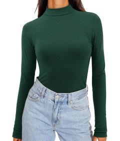 Koszulka Damska Z Długim Rękawem Dopasowana Bluzka Golf Ciemnozielona M