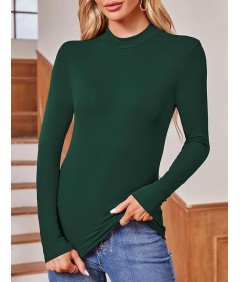 Koszulka Damska Z Długim Rękawem Dopasowana Bluzka Golf Ciemnozielona M