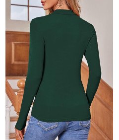 Koszulka Damska Z Długim Rękawem Dopasowana Bluzka Golf Ciemnozielona M