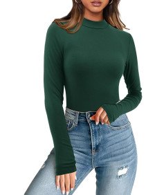 Koszulka Damska Z Długim Rękawem Dopasowana Bluzka Golf Ciemnozielona M