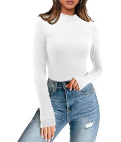 Koszulka Damska Elegancka Z Długim Rękawem Dopasowana Bluzka Golf Biała XL