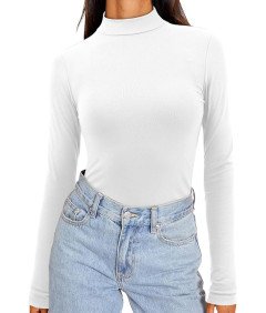 Koszulka Damska Biała Z Golfem Długi Rękaw Dopasowana Elegancka Bluzka XXL