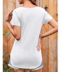Bluzka Damska Biała Basic Z Krótkim Rękawem Sznurowany Przód Koszulka L