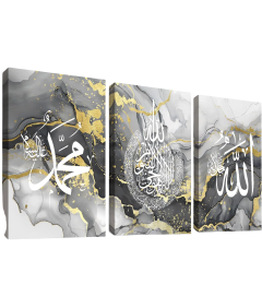 Obraz Ścienny Marmur Kaligrafia Drewniana Rama 3 Elementy 120 x 60 cm