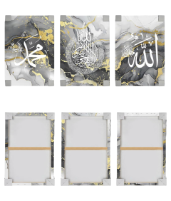 Obraz Ścienny Marmur Kaligrafia Drewniana Rama 3 Elementy 120 x 60 cm