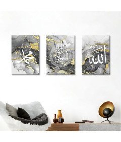 Obraz Ścienny Marmur Kaligrafia Drewniana Rama 3 Elementy 120 x 60 cm