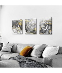 Obraz Ścienny Marmur Kaligrafia Drewniana Rama 3 Elementy 120 x 60 cm