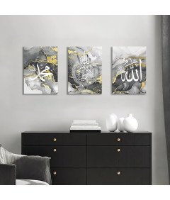 Obraz Ścienny Marmur Kaligrafia Drewniana Rama 3 Elementy 120 x 60 cm