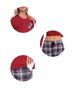 Damska Piżama Dwuczęściowa Komplet w Kratę Jesienna Zimowa Czerwona L