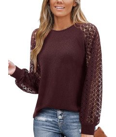 Damska Bluzka Elegancka Koronkowa Długi Rękaw Bordowa Bawełniana XL