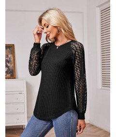 Bluzka Damska Elegancka Koronkowa z Długim Rękawem Elegancka Czarna L