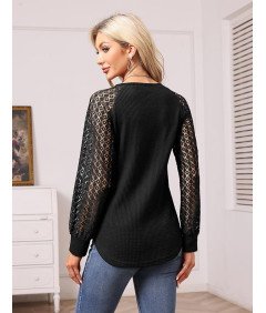 Bluzka Damska Elegancka Koronkowa z Długim Rękawem Elegancka Czarna L