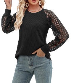 Bluzka Damska Elegancka Koronkowa z Długim Rękawem Elegancka Czarna L