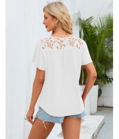 Damska Koszulka Biała Z Falbanką Krótki Rękaw Swobodna Zaokrąglony Dół S