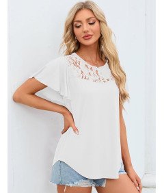 Damska Koszulka Biała Z Falbanką Krótki Rękaw Swobodna Zaokrąglony Dół S
