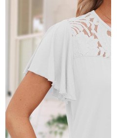 Damska Koszulka Biała Z Falbanką Krótki Rękaw Swobodna Zaokrąglony Dół S